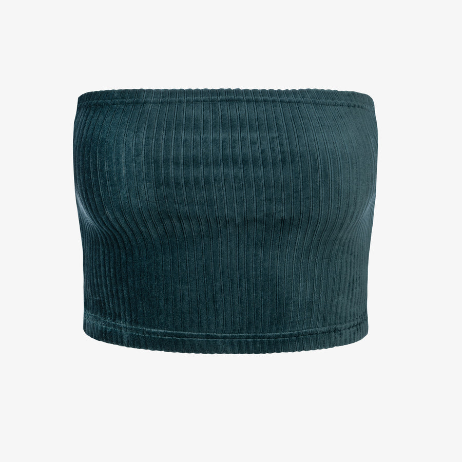 Krótki top damski w kolorze oceanu. Materiał w prążek. Bandeau top in deep ocean color.