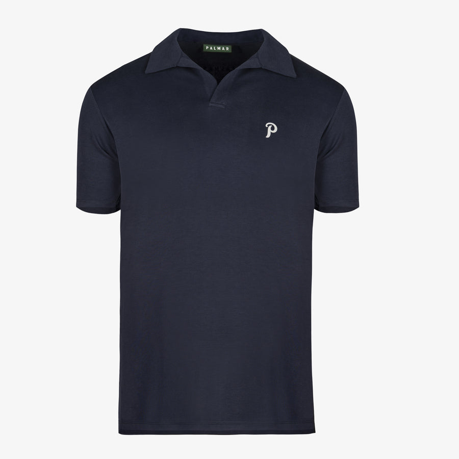 Męska, granatowa koszulka polo z krótkim rękawem. Men's polo shirt with short sleeves.