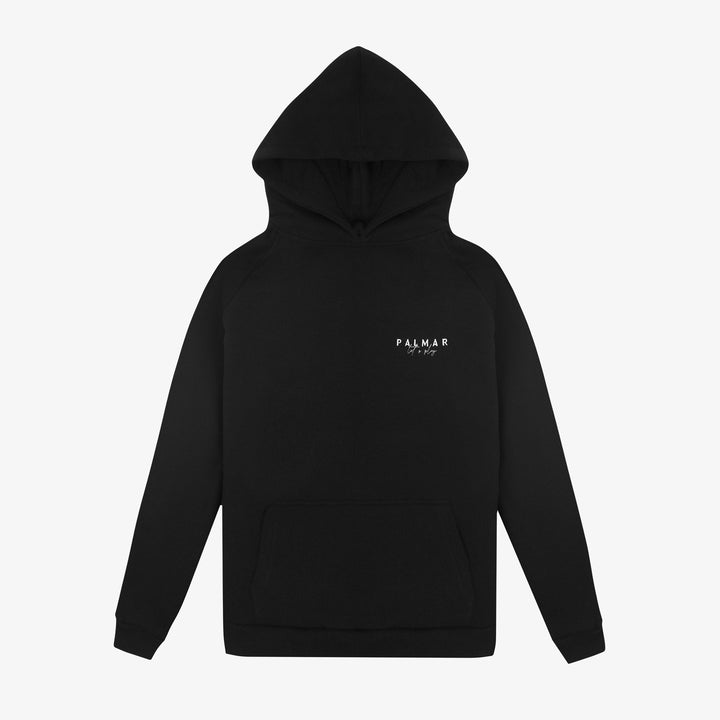 Czarna, klasyczna bluza z kapturem i haftowanym logo. Classic black sweatshirt with a hood.